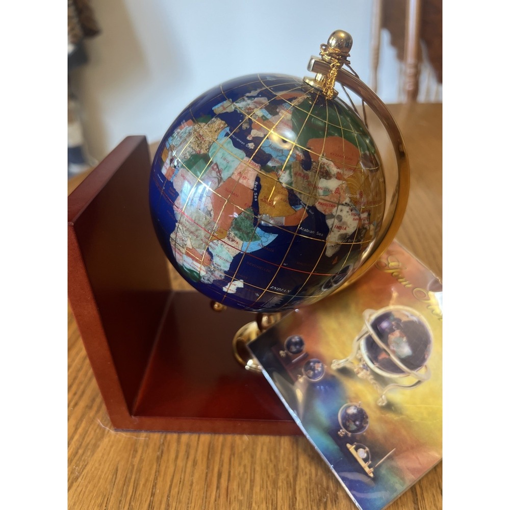 Gemstones World Globe Bookend Semi Precious Stones & Brass Decor